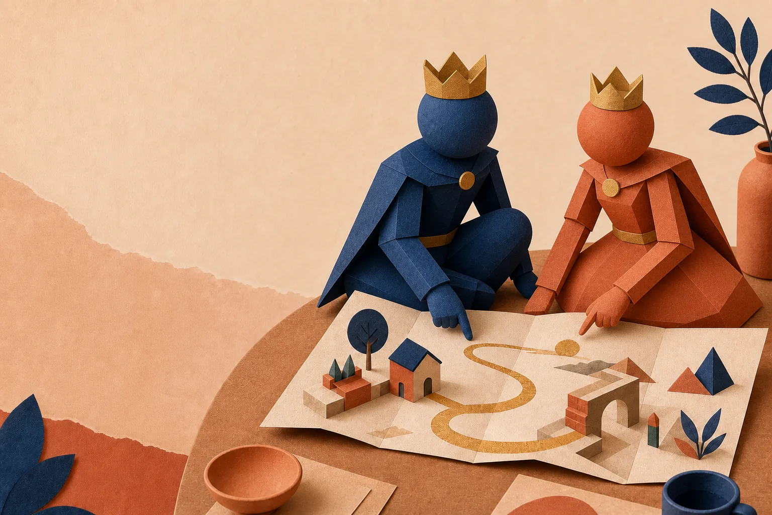 A navy Prince and terracotta Princess planning a shared gold path on a paper map