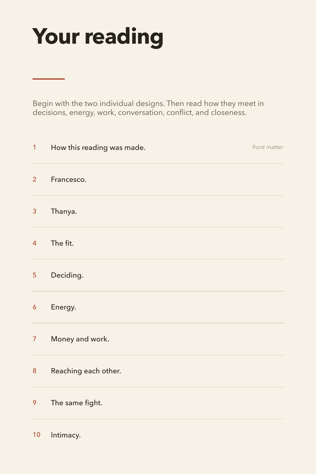 The contents page listing the twelve chapters of the reading