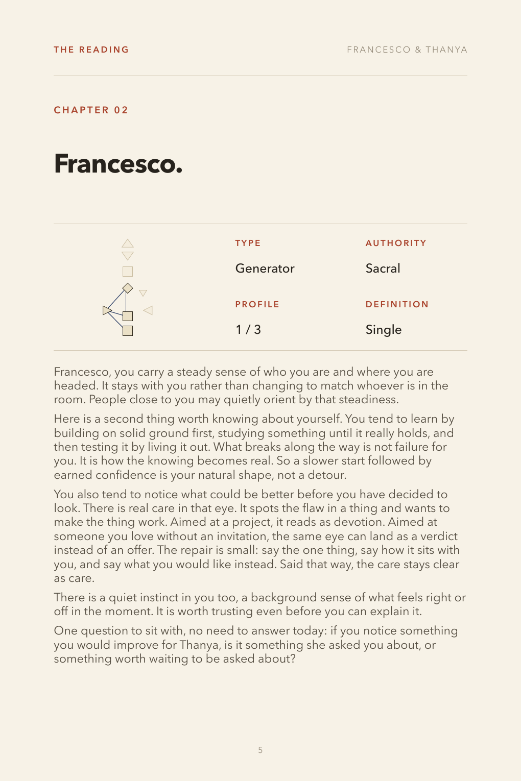 A chapter page for one person showing their type, authority, profile and definition above the writing