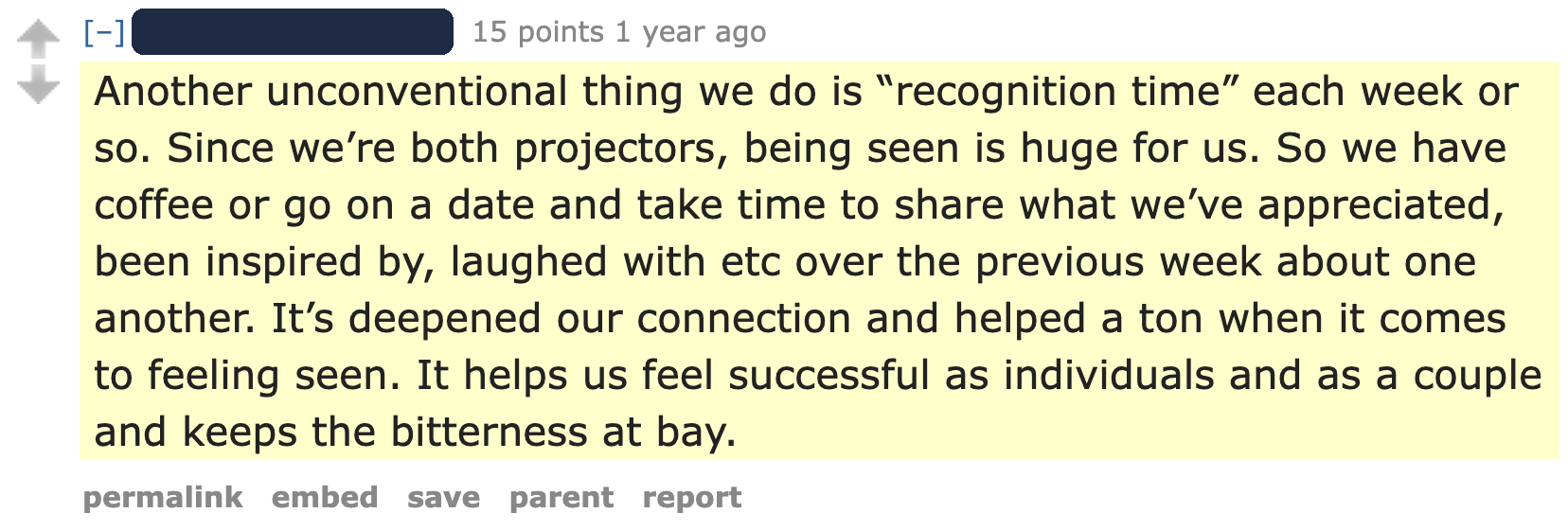 Screenshot of the real Reddit comment this quote comes from, username hidden