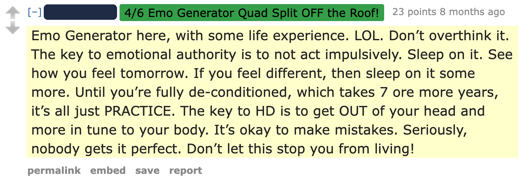 Screenshot of the real Reddit comment this quote comes from, username hidden